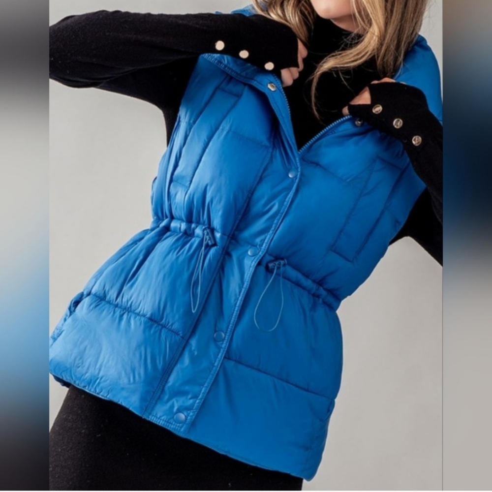 NEW Boho Chic High Neck Toggle Waist Puffer Vest (Blue-L, Pink-M, Orange-M)